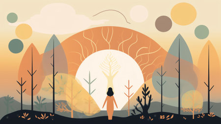 Generative AI Unity with Nature, Save Planet and Ecology Protection Concept. Characters Meditate Outdoor, Hug Tree, Women Environmentalists Care of Plants Enjoying Connection with Flora. Linear Vector Illustrationの素材