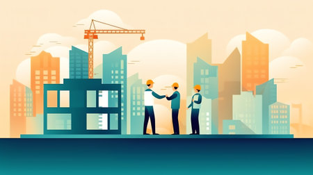 Generative AI Team Builder Construction Home Website Template. Man and Woman Carry Part Material for Building. People in Process Installation Roof House for Website or Web Page Flat Cartoon Vector Illustrationの素材