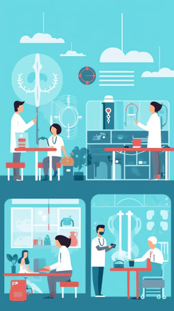 Generative AI Allergy Concept with Sick Patients Visiting Doctor. Intolerance Persons Illness with Cough, Cold and Sneeze Symptoms. Allergen Drugs Pharmacy Therapy and Tissue Help. Cartoon Flat Vector Illustrationの素材