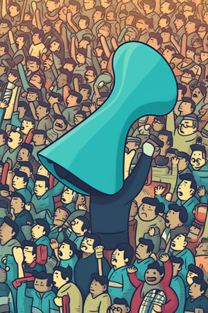 Generative AI Business Advertising Promotion. Loudspeaker Talking to the Crowd. Big Megaphone and Flat People Characters Advertisement Marketing Concept. Vector illustrationの素材
