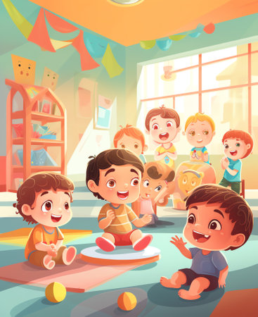 Generative AI Tiny Male and Female Characters Playing with Huge Baby Toys in Kindergarten Playground with Different Playthings for Children. Childhood, Men and Women Gaming Activity Cartoon Flat Vector Illustrationの素材