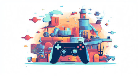 Generative AI Video Games Recreation, Hobby Concept. Tiny Male and Female Characters with Huge Gamepad and Joystick Playing Videogame on Play Station Console and Computer Monitor. Cartoon People Vector Illustrationの素材