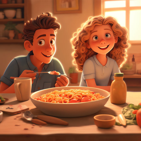 Generative AI Male and Female Characters Eating Spaghetti Pasta with Tasty Sauce from Huge Plate, with Dry Macaroni of Various Kinds around. Italian Cuisine, Healthy Food Menu, Cartoon Flat Vector Illustrationの素材