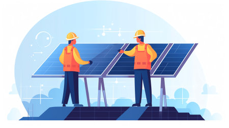 Generative AI Electrical Utility Delivery of Energy to Consumer. Electricity Transmission and Distribution. Character Installation Solar Panel and Maintenance Wind Turbine. Flat Cartoon Vector Illustrationの素材