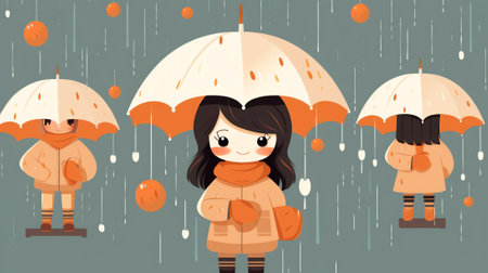 Generative AI Set of Different Umbrellas under Rain Drops. Cute Colorful Kids Parasols in Various Positions. Open Umbrellas, Autum or Spring Season, Protection of Rain. Cartoon Vector Illustrationの素材