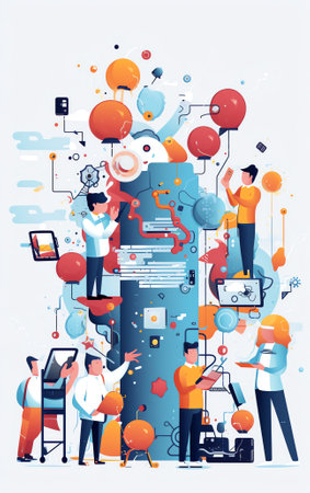 Generative AI Verification, Cyber Security Technology Concept. Fingerprint Scanning Smartphone Access Lock. Tiny Characters around Huge Mobile Phone with Finger Scan Biometric Id. Cartoon People Vector Illustrationの素材