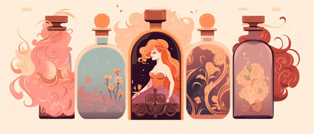 Generative AI Male and Female Perfumer Characters Create New Perfume Fragrance. Tiny People Bring Ingredients to Huge Sprayer Bottle with Toilet Water. Aroma Composition. Perfumery Cartoon Flat Vector Illustrationの素材
