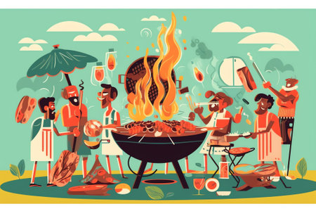 Generative AI People Cooking Food with Hot Chili Website Landing Page. Tiny Characters Put Red and Black Chilli Pepper to Huge Boiling Sauce Pan Making Spicy Dish Web Page Banner. Cartoon Flat Vector Illustrationの素材