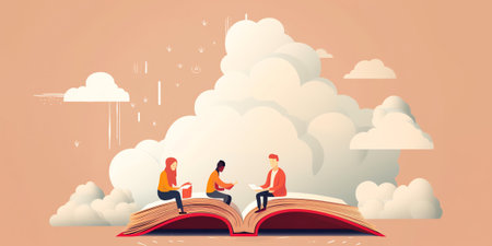 Generative AI People Enjoying Reading Literature and Writing Poetry or Prose Concept. Tiny Characters at Huge Books Read Classic Verses, Poems. Ink Feather Usage, Romantic Mood. Cartoon People Vector Illustrationの素材