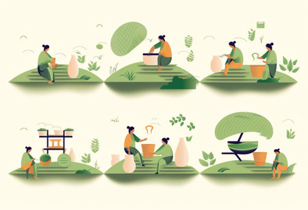Generative AI Set Healthy Food Theme. Tiny Male Female Characters at Huge Bowl Eat Fresh Natural Fortified Products, Vegetarian Diet, Healthy Lifestyle, Organic Vitamin Nutrition. Cartoon People Vector Illustrationの素材