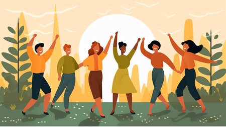 Generative AI Happy Teens Jumping on Trampoline, Friends Cheering. Young People Having Fun Jump and Bouncing, Spare Time, Activity, Amusement Park, Corporate Party Entertainment. Cartoon Flat Vector Illustrationの素材