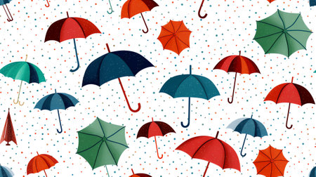Generative AI Set of Different Umbrellas under Rain Drops. Cute Colorful Kids Parasols in Various Positions. Open Umbrellas, Autum or Spring Season, Protection of Rain. Cartoon Vector Illustrationの素材