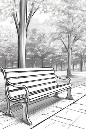 Generative AI City Park with Wooden Bench, Restaurant Table with Chairs, Summertime Landscape Isolated on White Background. Public Places for Walking and Dating, Urban Areas. Cartoon Vector Illustrationの素材