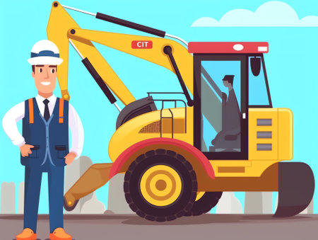 Generative AI Roadwork and Asphalt Paving. Men in Overall Characters with Heavy Asphalting Machinery. Special Transport, Pavement Compactor. Construction Industry, Building Business Cartoon Flat Vector Illustrationの素材