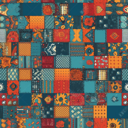 Generative AI Ethnic, paisley and geometric motifs fabric patchwork abstract vector seamless patternの素材