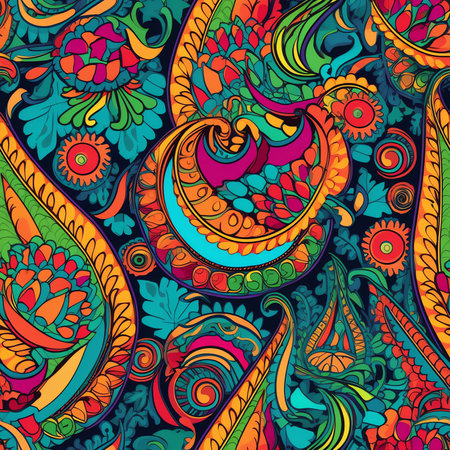 Generative AI all over seamless vector multi color paisley pattern on seamless texture backgroundの素材