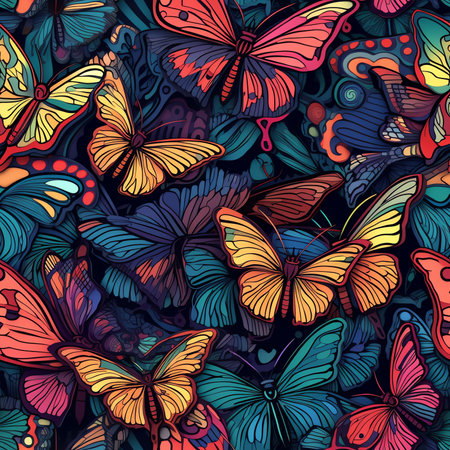 Seamless pattern with colorful butterflies. Hand-drawn illustration.の素材