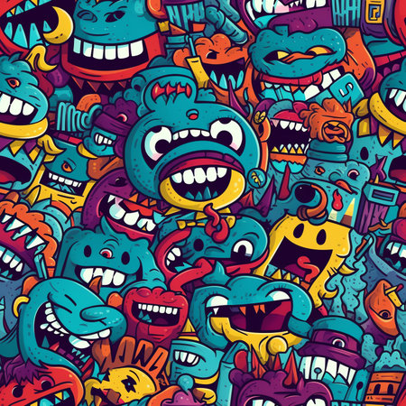Generative AI Funny crazy melt smile faces geometry seamless pattern.Vector crazy cartoon character illustration.Smile smiley techno faces melting acid,trippy,cells,techno seamless pattern wallpaper print conceptの素材