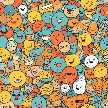 Generative AI Funny crazy melt smile faces geometry seamless pattern.Vector crazy cartoon character illustration.Smile smiley techno faces melting acid,trippy,cells,techno seamless pattern wallpaper print conceptの素材