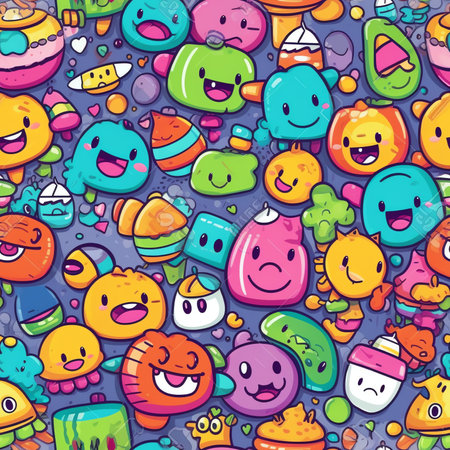 Generative AI Funny crazy melt smile faces geometry seamless pattern.Vector crazy cartoon character illustration.Smile smiley techno faces melting acid,trippy,cells,techno seamless pattern wallpaper print conceptの素材