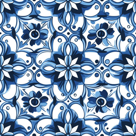 Generative AI Seamless vintage ornamental watercolor paint pattern for fabric and ceramic tile. Indigo Portuguese abstract filigree background. Classic Blue damask, hand drawn floral design.の素材