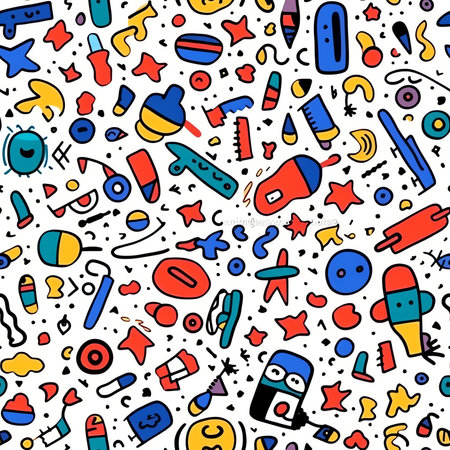 Generative AI Fun colorful line doodle seamless pattern. Creative minimalist style art background for children or trendy design with basic shapes. Simple party confetti texture, childish scribble shape backdrop.の素材