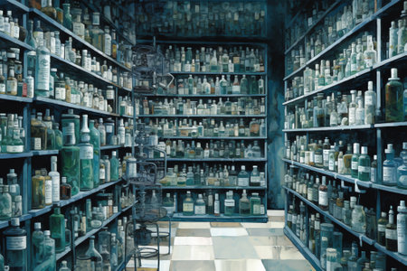 Cosmetic shop shelves with bottles of skin care products, tonedの素材