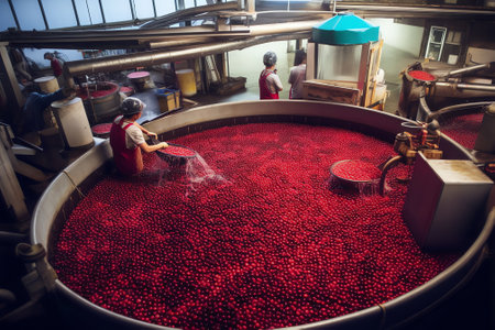 Generative AI Workers on the assembly line in sorting frozen raspberriesの素材