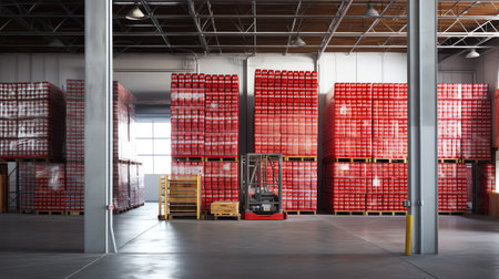Generative AI Red brick covered with packaging film on pallets in a warehouse of building materials.の素材
