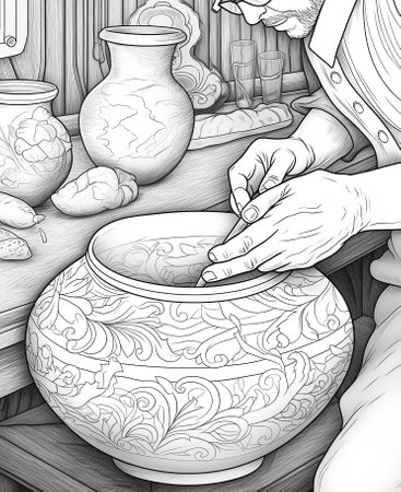 Generative AI Male artist's hands making handmade vase in pottery workshop interior. Process of creating pottery.の素材