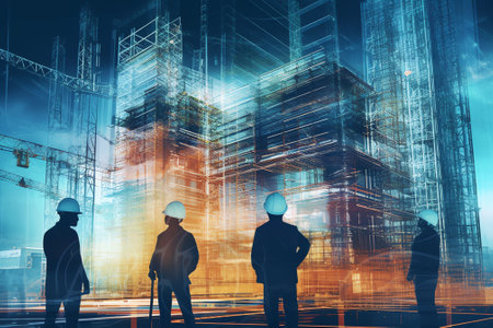 Generative AI Double exposure engineering team using tablet computer and digital technology interfaces icon on construction cranes background, Technology and business industrial concept.の素材