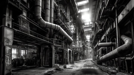 Industrial zone, Steel pipelines and equipment in black and white tonesの素材