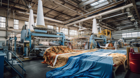 Generative AI Production of Toilet paper in factory. Toilet paper rolls making machine. Tissue and Kitchen Towels Machine. Long conveyor with toilet paper moving on.の素材