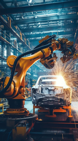 Generative AI workers are welding assembly car parts in automotive industrial factory with protection maskの素材