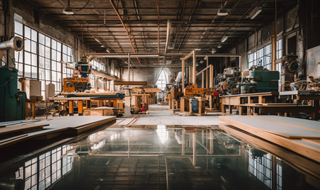 Generative AI Process of production and manufacture of wooden furniture in furniture factory.の素材