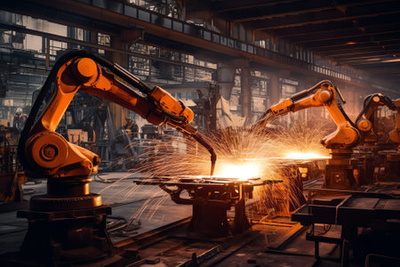 Generative AI robots welding in a car factoryの素材
