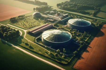 Generative AI Biogas complex, view of storage tanks, energy production plant, view from height. Modern bio gas station or factory building. Bio gas plant. Sustainable production. Ecological productionの素材