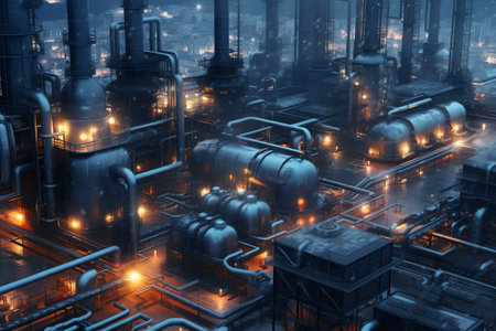 3D illustration of a factory at night with lights and smoke.の素材
