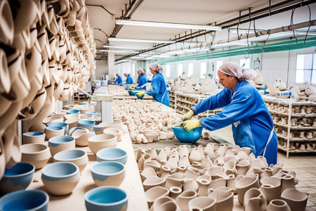 Generative AI Factory workers are producing masks for protection against viruses.の素材