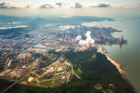 Generative AI Aerial view of a Power Plant in an industrial estate and wind turbines along the coast with jetties extruding into the sea under beautiful golden sunset sky, in Guanyin District, Taoyuan City, Taiwanの素材