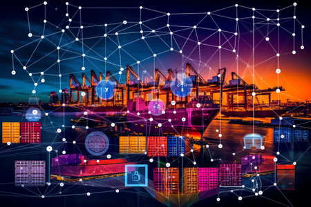 Cargo freight ship with container terminal for Logistic Import Export background.の素材