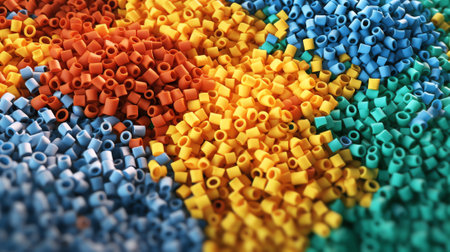 Colorful plastic beads as background, closeup view. Plastic constructionの素材