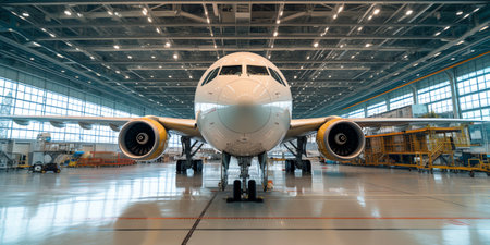 Airliner at the airport. Passenger airplane in the hangar.の素材