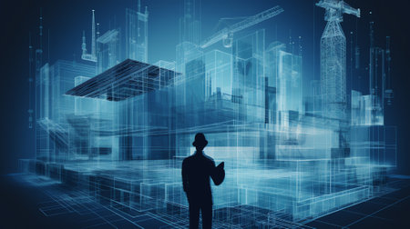 Generative AI Double exposure engineering team using tablet computer and digital technology interfaces icon on construction cranes background, Technology and business industrial concept.の素材