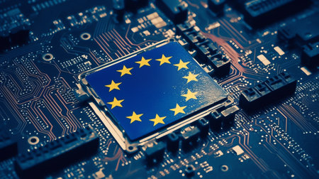 Generative AI European Union flag in the center of a circuit board. Concept of leadership in technology, artificial intelligence or digital cryptocurrenciesの素材