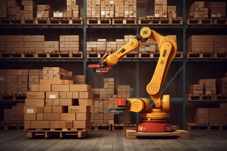 Smart robot arm system for innovative warehouse and factory digital technology. 3D renderingの素材