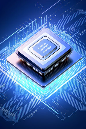 Central Processing Unit. Computer processor with microcircuits on blue backgroundの素材