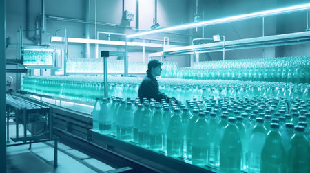 Generative AI Concept food industry banner. Industrial worker inspecting glass bottles beer production line in of brewery factory with computer tablet.の素材