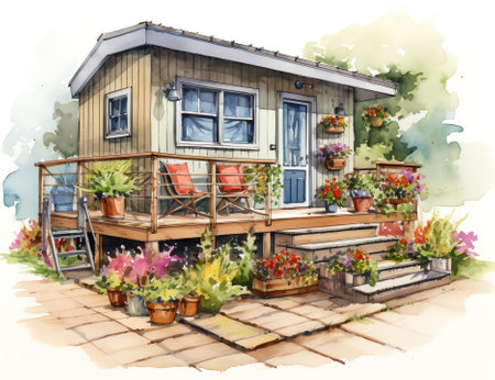 Generative AI Small low income manufactured home with a covered porch and vinyl siding.の素材