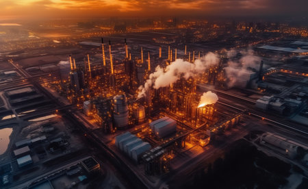 Generative AI Aerial view of cement factory with high concrete plant structure and tower crane at industrial manufacturing site on foggy evening. Production and global industry concept.の素材